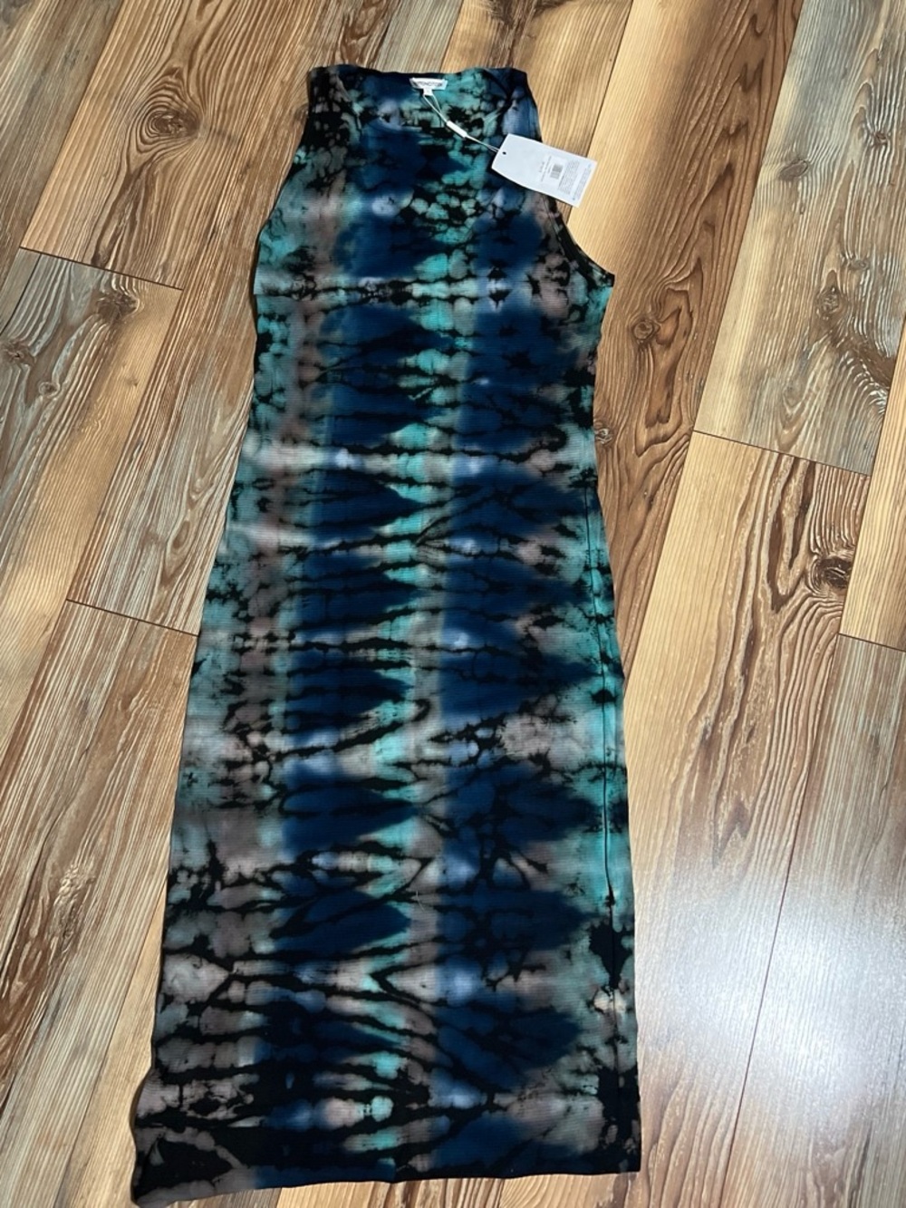 Cotton Citizen Sleeveless Tie-Dye Maxi Dress in Teal, Black, and Gray